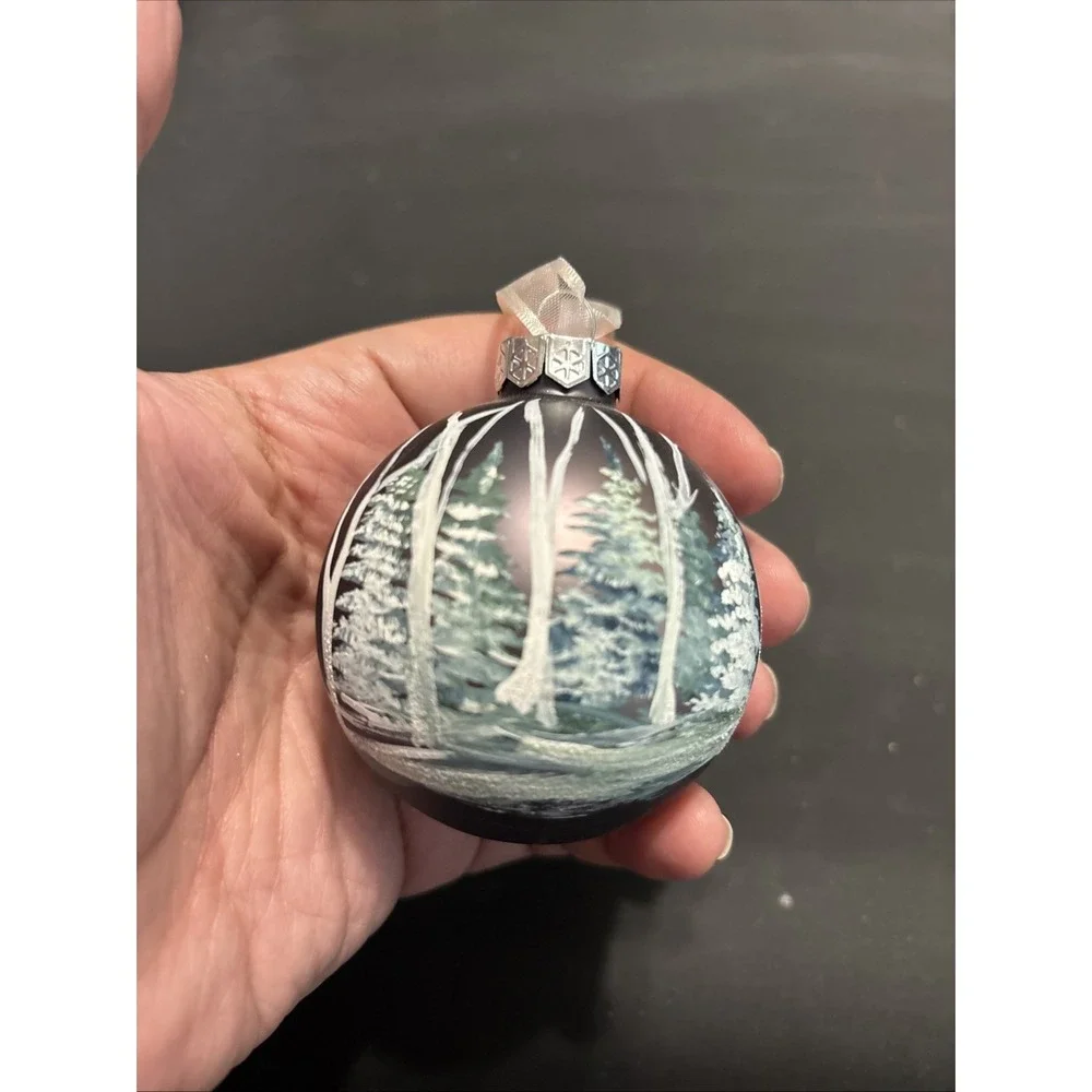 Hand Painted Glass Ball Christmas Ornament Winter Snowy Forest Trees Matte Gray